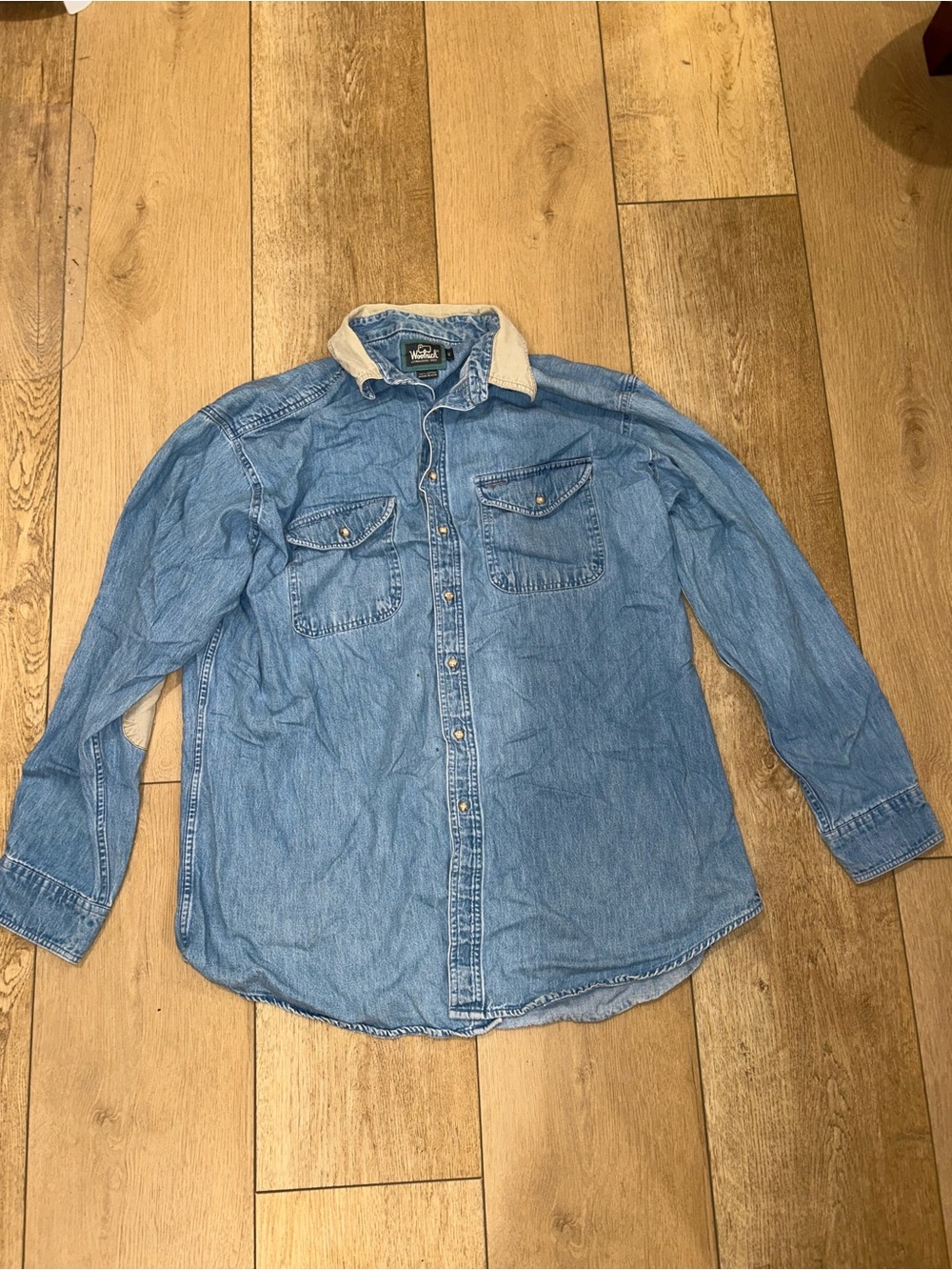 Woolrich Mens Denim Shirt Light Wash Cotton Made in USA Vintage Button Down XL